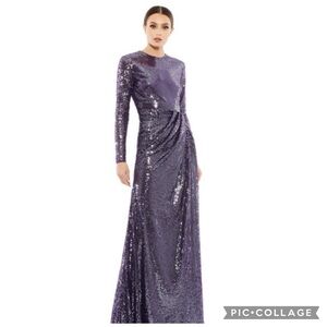 Mac Duggal SEQUINED HIGH NECK LONG SLEEVE DRAPED GOWN NWT Size 2 Dark Amethyst